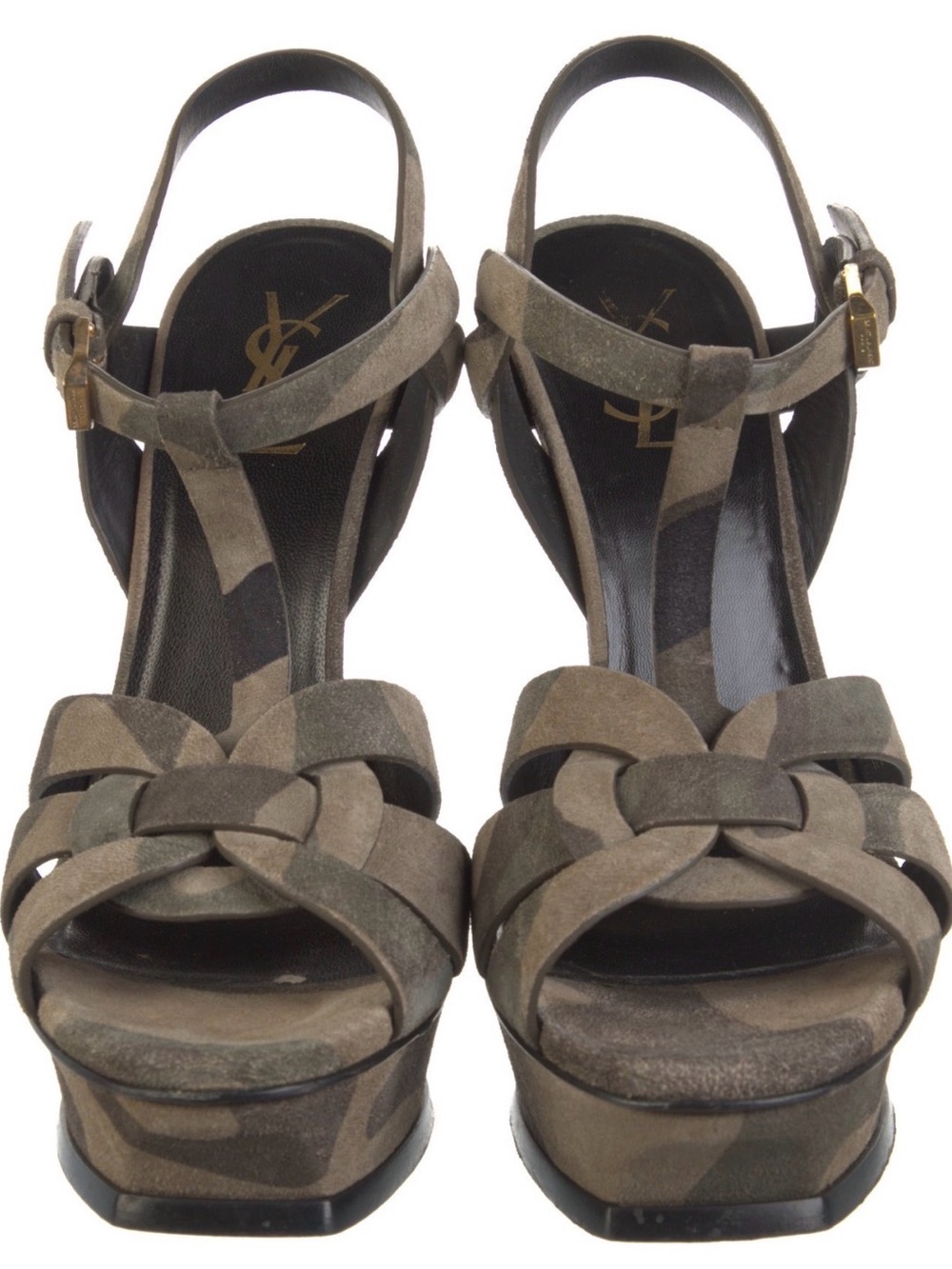 YSL Green-Brown Camouflage Suede Platform Sandals